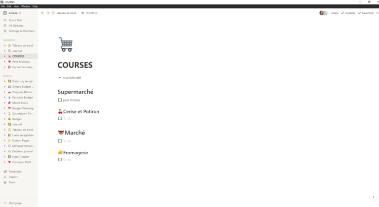 Notion liste courses